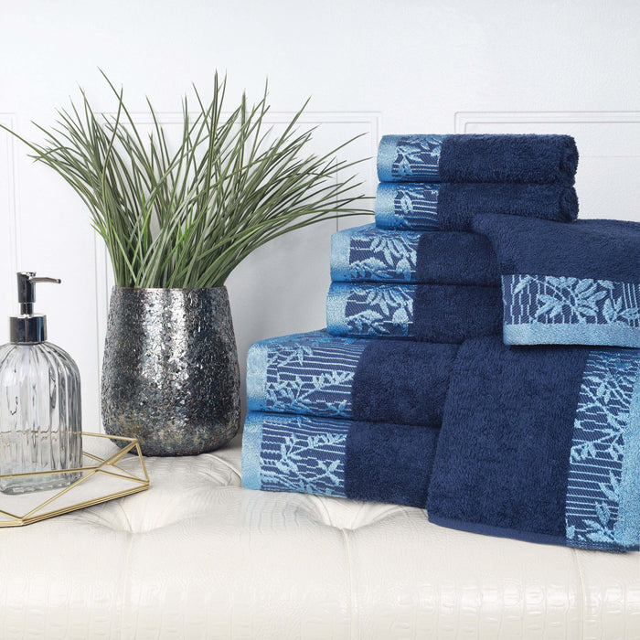 Wisteria Cotton 8-Piece Assorted Towel Set with Floral Bohemian Embroidered Jacquard Border - Navy Blue