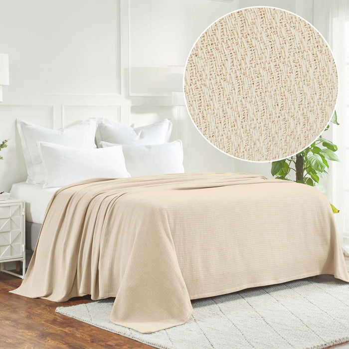 Textured Cotton Weave Solid Waffle Blanket or Throw - Ivory