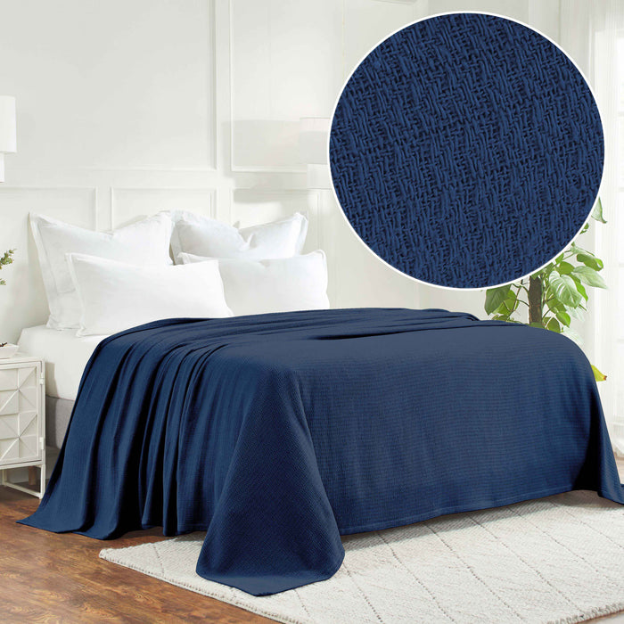Textured Cotton Weave Solid Waffle Blanket or Throw - NavyBlue