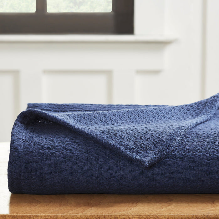 Textured Cotton Weave Solid Waffle Blanket or Throw - NavyBlue