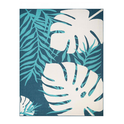 Waikiki Tropical Leaves Indoor / Outdoor Area Rug or Runner - Blue-Green/Cream
