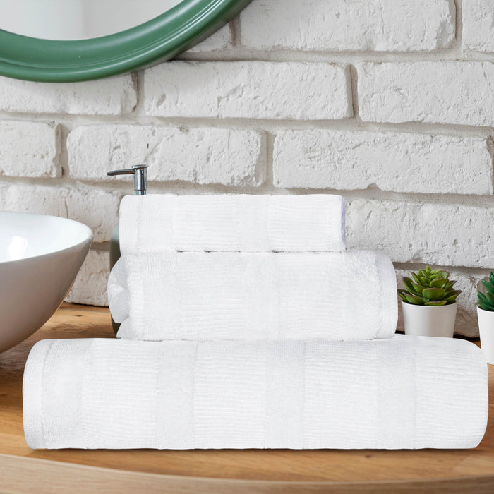 Ribbed Turkish Cotton Quick-Dry Solid 3 Piece Assorted Towel Set - White