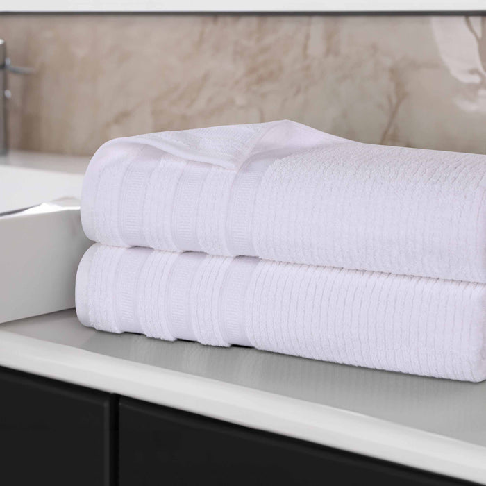 Zero Twist Cotton Ribbed Geometric Border Plush Bath Sheet Set of 2 - White