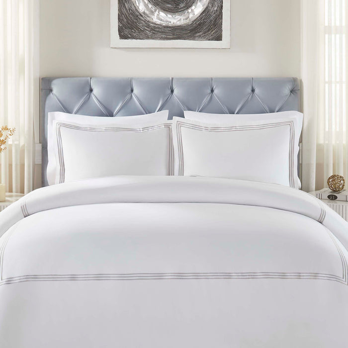 Brandon Cotton Three-Line Embroidered 3-Piece Duvet Cover Set