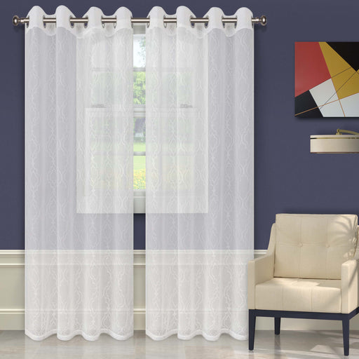 Embroidered Imperial Trellis Sheer Grommet Curtain Panel Set - White