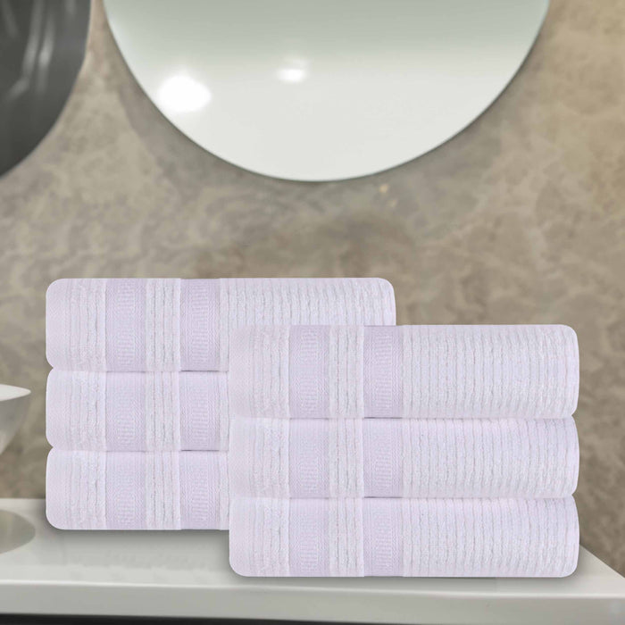 Zero Twist Cotton Ribbed Geometric Border Plush Hand Towel Set of 6