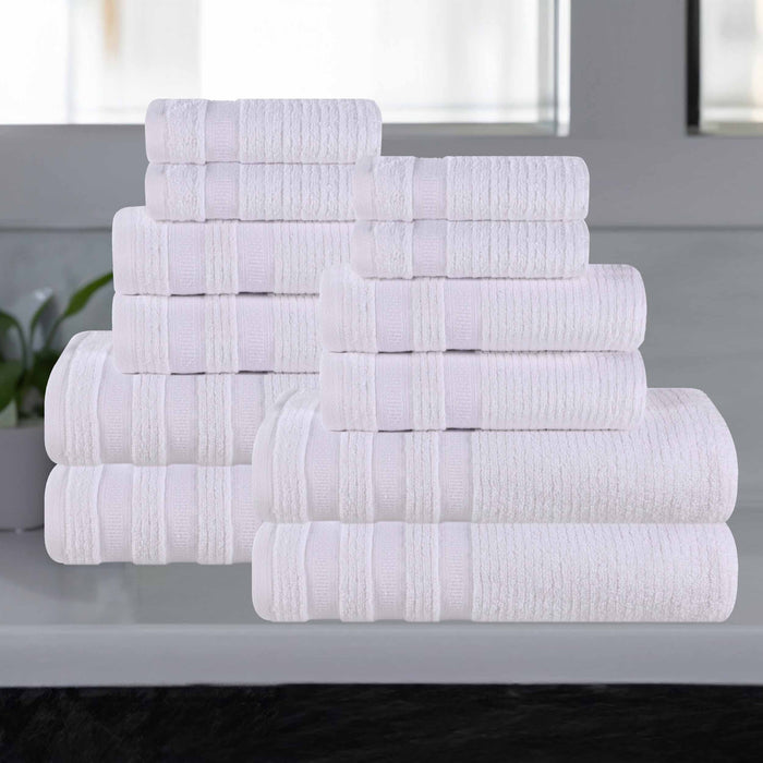 Zero Twist Cotton Ribbed Geometric Border Plush 12 Piece Towel Set