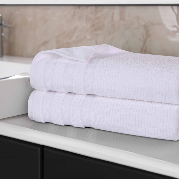 Zero Twist Cotton Ribbed Geometric Border Plush Bath Sheet Set of 2