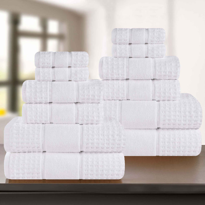 Zero Twist Cotton Waffle Honeycomb Plush Soft Absorbent 12-Piece Towel Set - White