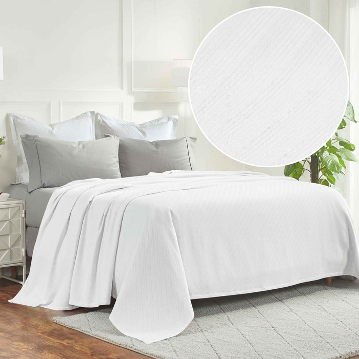 Milan Cotton Textured Striped Lightweight Woven Blanket - White
