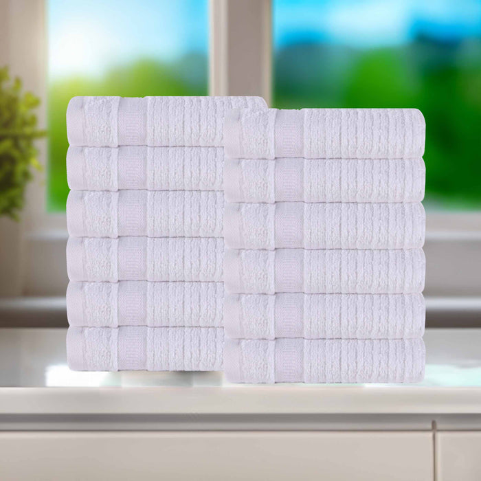 Zero Twist Cotton Ribbed Geometric Border Plush Face Towel Set of 12 - White