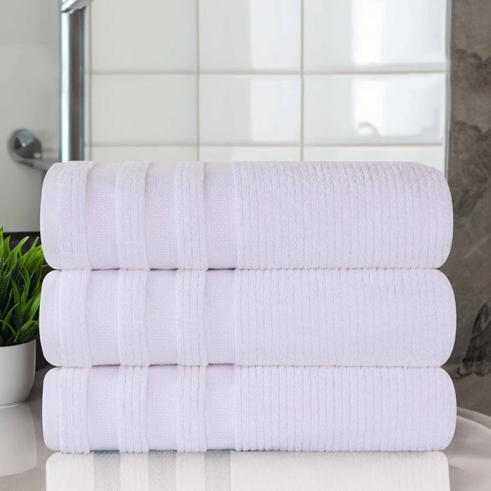 Zero Twist Cotton Ribbed Geometric Border Plush Bath Towel Set of 3