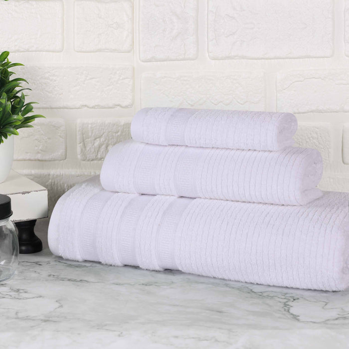 Zero Twist Cotton Ribbed Geometric Border Plush 3 Piece Towel Set