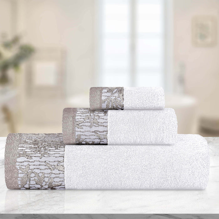 Wisteria Cotton Floral Embroidered Jacquard Border 3-Piece Towel Set