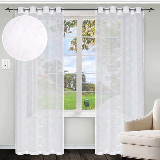 Heartleaf Embroidered Trellis Soft Diffused Light Sheer Curtain Set - White