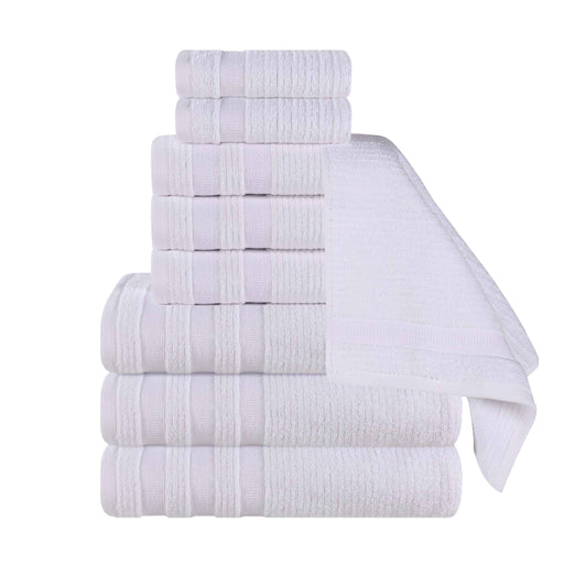 Zero Twist Cotton Ribbed Geometric Border Plush 9 Piece Towel Set - White