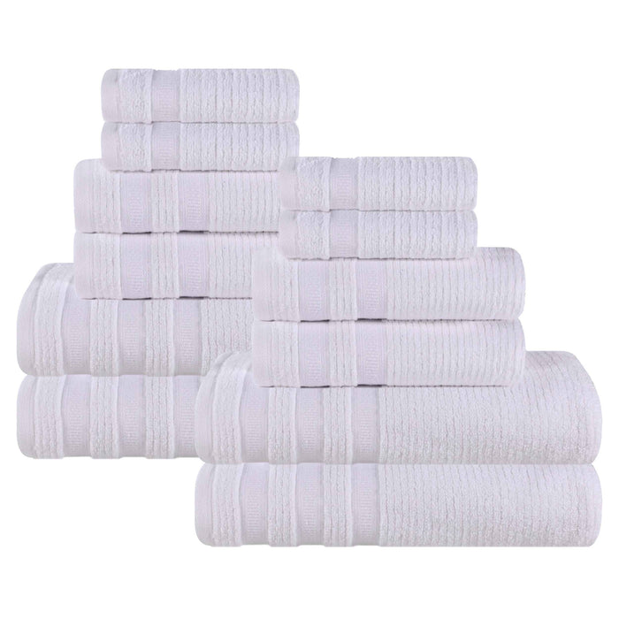 Zero Twist Cotton Ribbed Geometric Border Plush 12-Piece Towel Set - White
