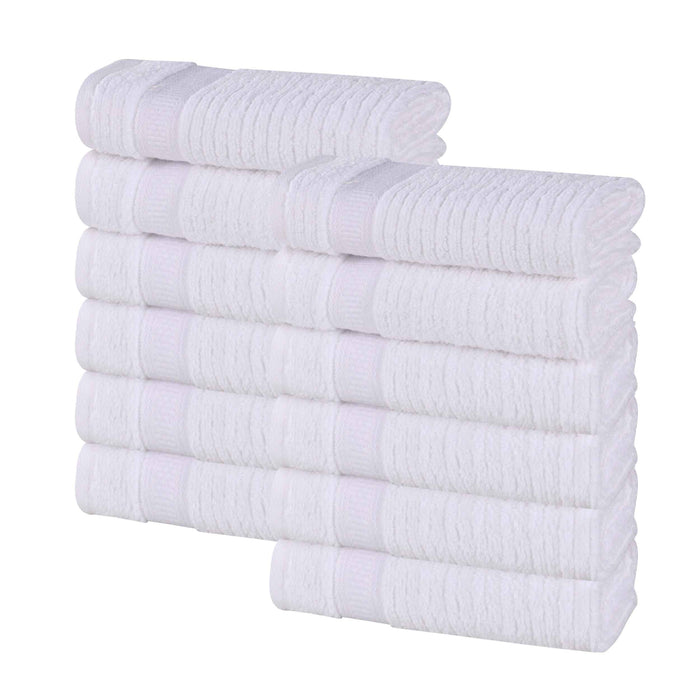 Zero Twist Cotton Ribbed Geometric Border Plush Face Towel Set of 12