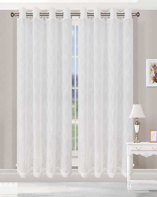 Embroidered Imperial Trellis Sheer Grommet Curtain Panel Set - White
