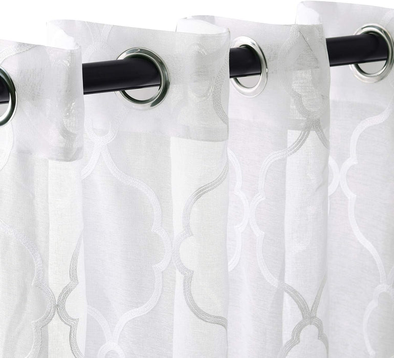 Embroidered Lattice Sheer Grommet Curtain Panel Set - White