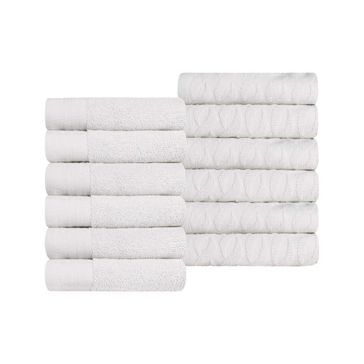 Turkish Cotton Jacquard Herringbone and Solid 12 Piece Face Towel Set - White