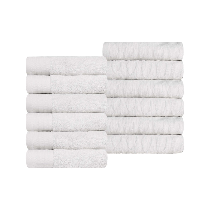 Turkish Cotton Jacquard Herringbone and Solid 12 Piece Face Towel Set - White