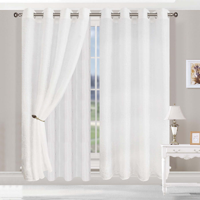 Embroidered Leaves Grommet 2 Piece Layered Sheer Curtain Panel Set - White