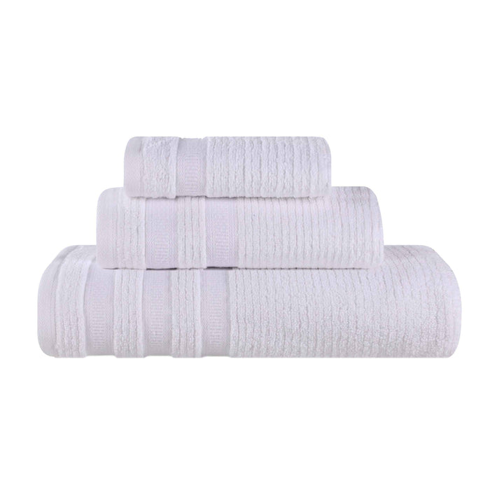 Zero Twist Cotton Ribbed Geometric Border Plush 3 Piece Towel Set - White