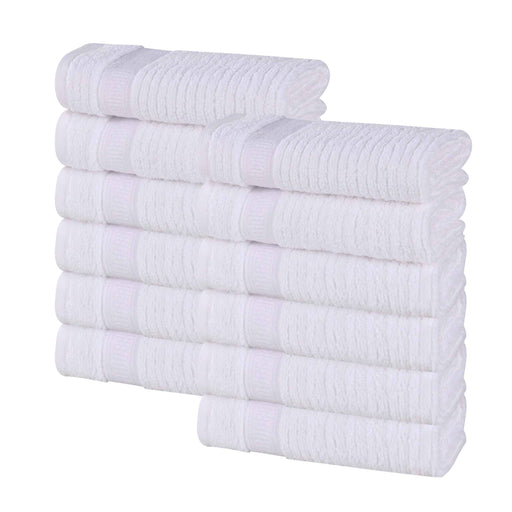 Zero Twist Cotton Ribbed Geometric Border Plush Face Towel Set of 12 - White