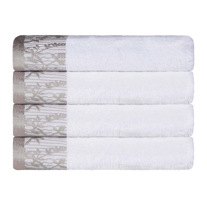 Wisteria Cotton Floral Embroidered Jacquard Border Bath Towel Set of 4