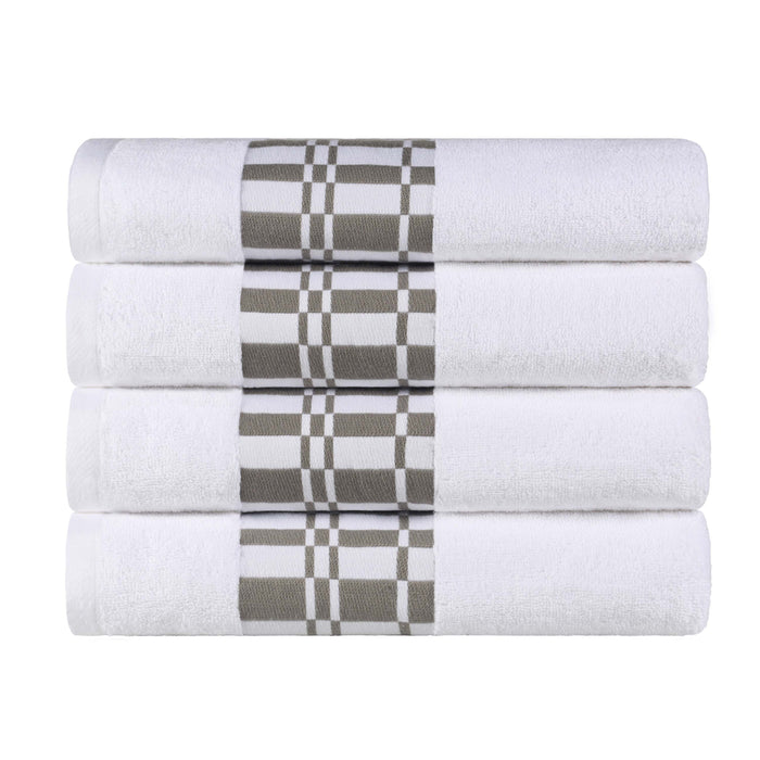 Cotton Geometric Embroidered Jacquard Border 4 Piece Bath Towel Set - White