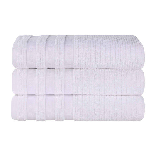 Zero Twist Cotton Ribbed Geometric Border Plush Bath Towel Set of 3 - White