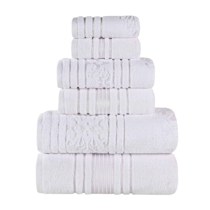 Sadie Zero Twist Cotton Solid Jacquard Floral Motif 6 Piece Towel Set - White