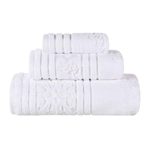 Sadie Zero Twist Cotton Floral Motif 3 Piece Jacquard Towel Set - White
