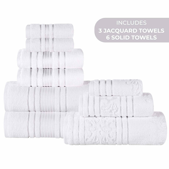 Sadie Zero Twist Cotton Solid and Jacquard Floral 9 Piece Towel Set