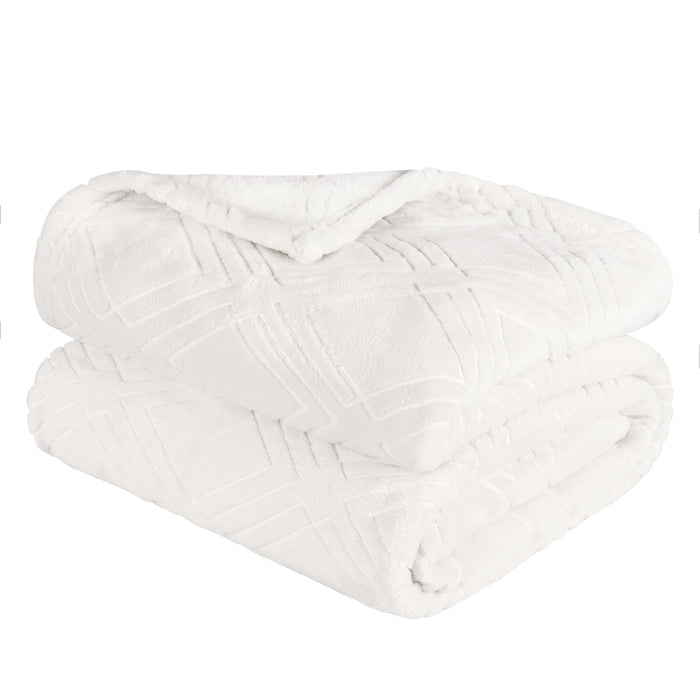 Diamond Flannel Fleece Plush Ultra Soft Blanket - White