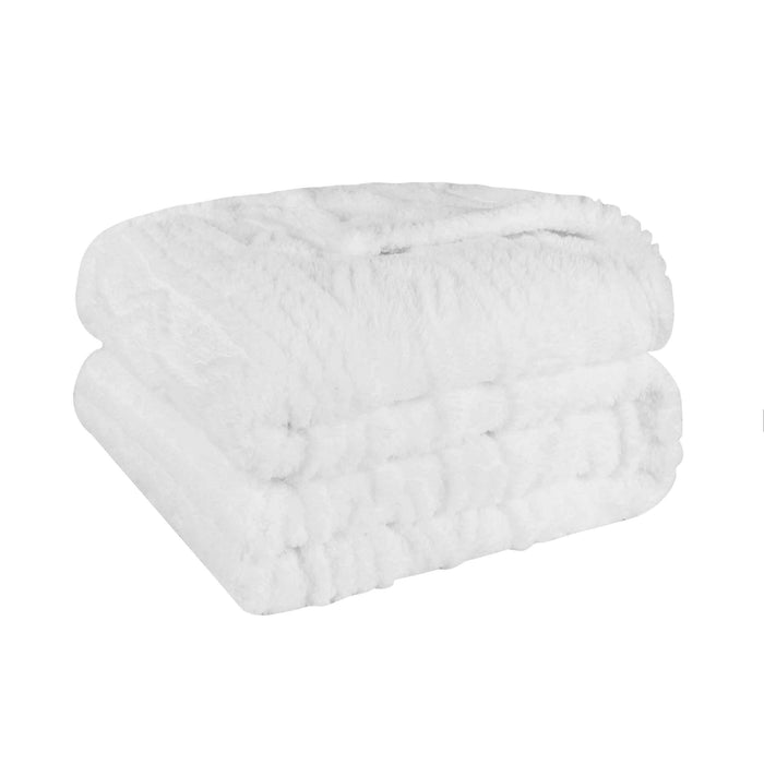 Boho Knit Jacquard Fleece Plush Fluffy Blanket - White