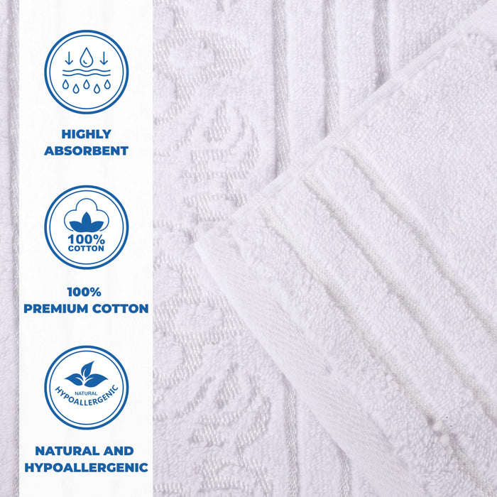 Sadie Zero Twist Cotton Solid Jacquard Floral Motif 6 Piece Towel Set - White