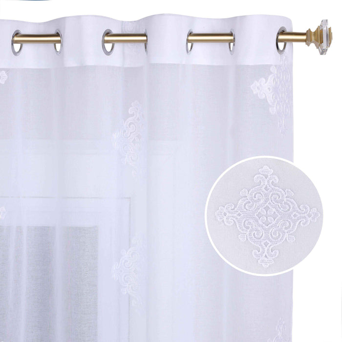Embroidered Damask Sheer Grommet Curtain Panel Set - White