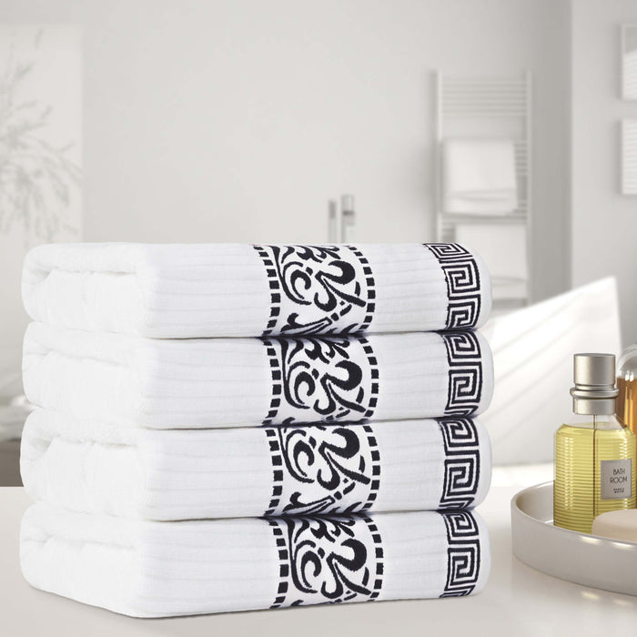 Athens Cotton Greek Scroll and Floral 4 Piece Assorted Bath Towel Set - White-Black