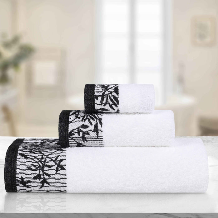 Wisteria Cotton Floral Embroidered Jacquard Border 3-Piece Towel Set