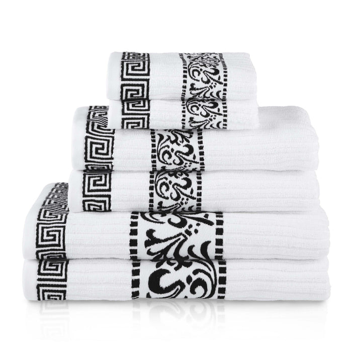 Athens Cotton Greek Scroll and Floral 6-Piece Assorted Towel Set - White-Black