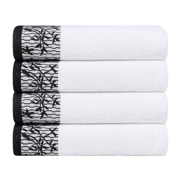 Wisteria Cotton Floral Embroidered Jacquard Border Bath Towel Set of 4