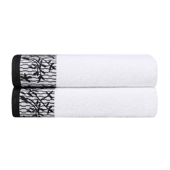 Wisteria Cotton Floral Embroidered Jacquard Border Bath Towel Set of 2