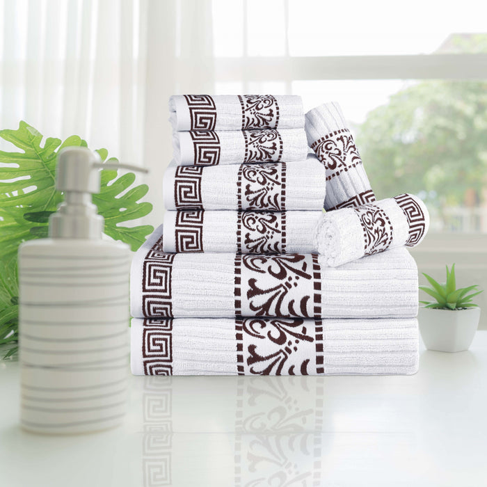 Athens Cotton with Greek Scroll and Floral Pattern 8-Piece Towel Set - White-Chocolate