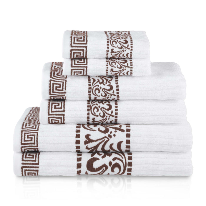 Athens Cotton Greek Scroll and Floral 6-Piece Assorted Towel Set - White-Chocolate