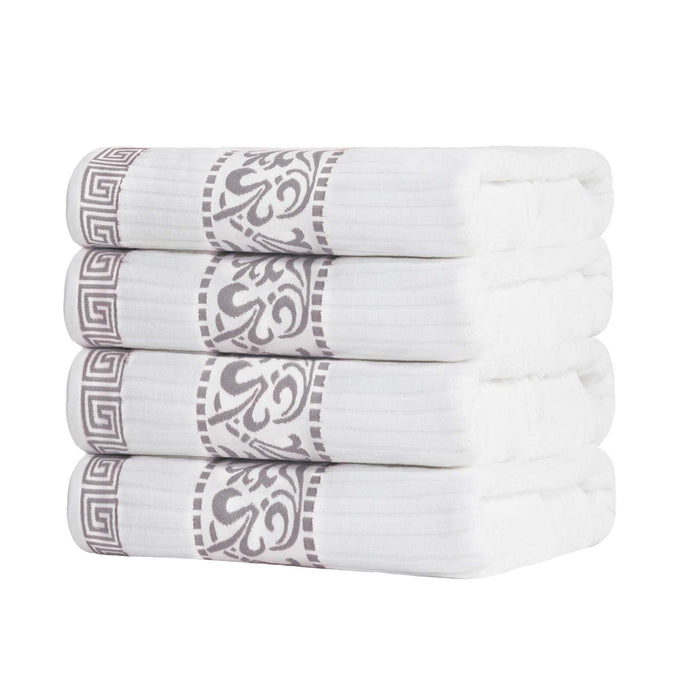 Athens Cotton Greek Scroll and Floral 4 Piece Assorted Bath Towel Set - White-Chrome