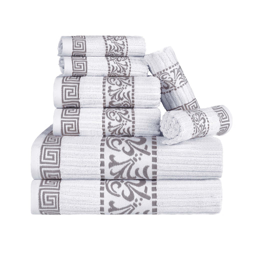 Athens Cotton with Greek Scroll and Floral Pattern 8-Piece Towel Set - White-Chrome