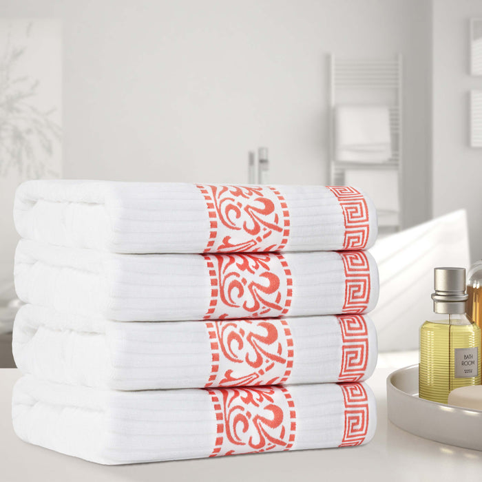 Athens Cotton Greek Scroll and Floral 4 Piece Assorted Bath Towel Set - White-Coral