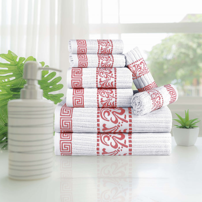 Athens Cotton with Greek Scroll and Floral Pattern 8-Piece Towel Set - White-Coral